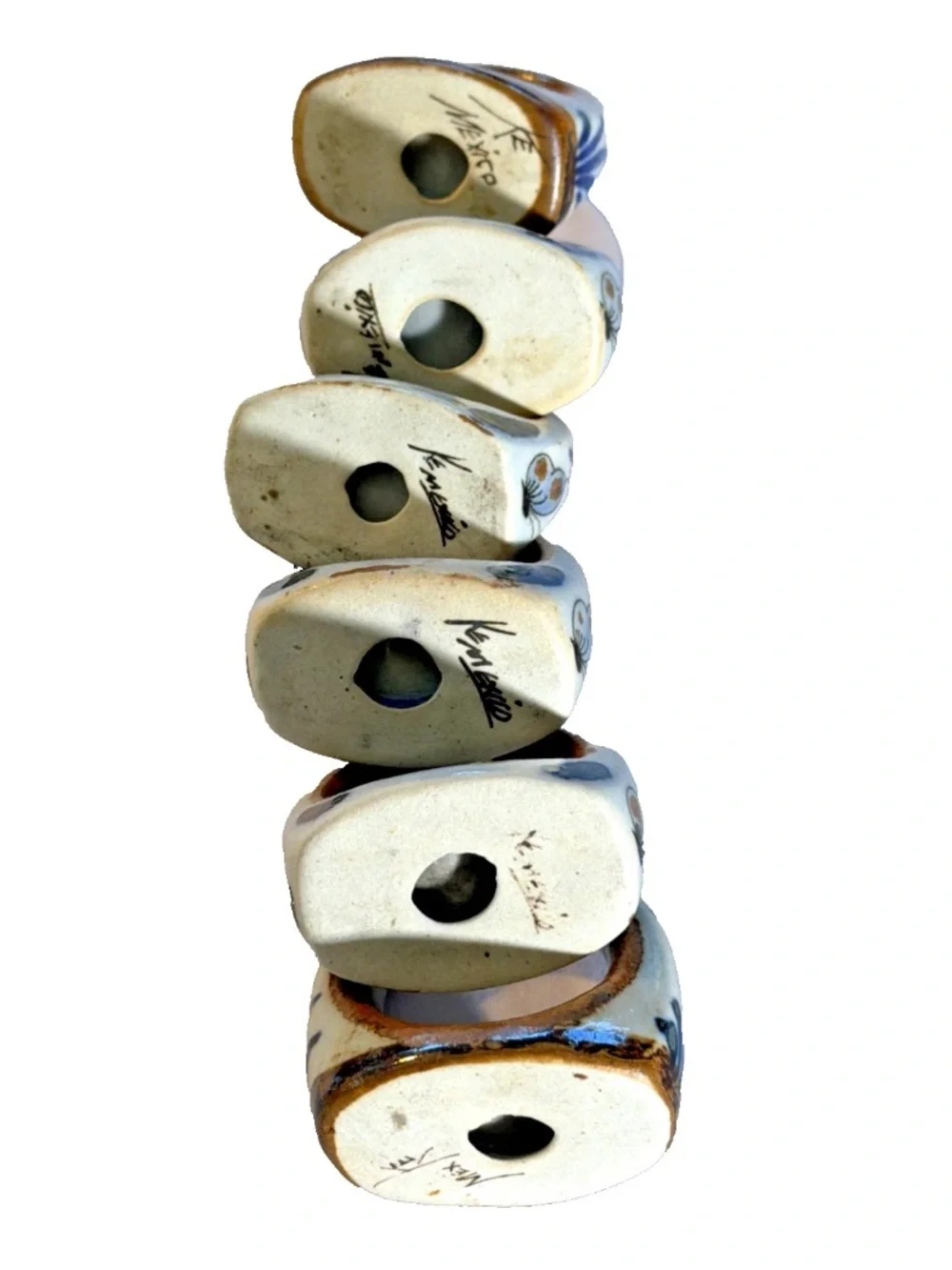 Vintage Ken Edwards Tonala Mexican Pottery Napkin Rings Set of 6 Signed KE